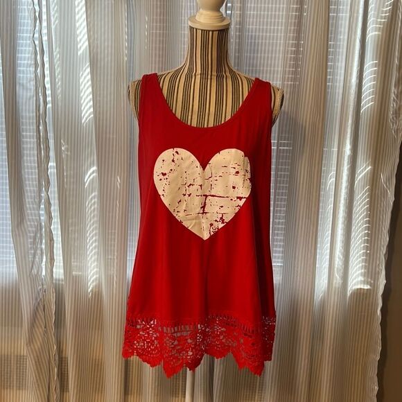 ROSHOP Red Lacy Bottom Heart Tank Top. Large - Picture 1 of 5